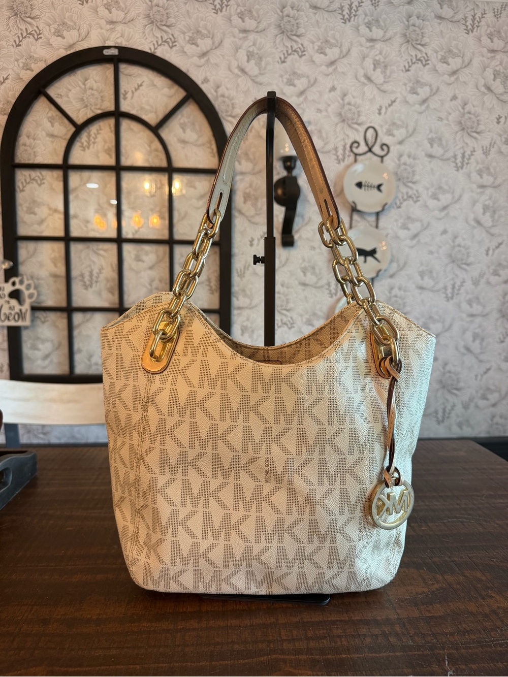 Michael Kors Beige MK Logo Chain-Handle Shoulder Bag